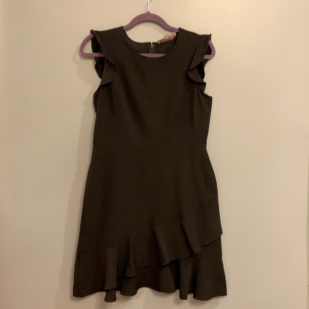 Black Loft shift dress with ruffle hem.
